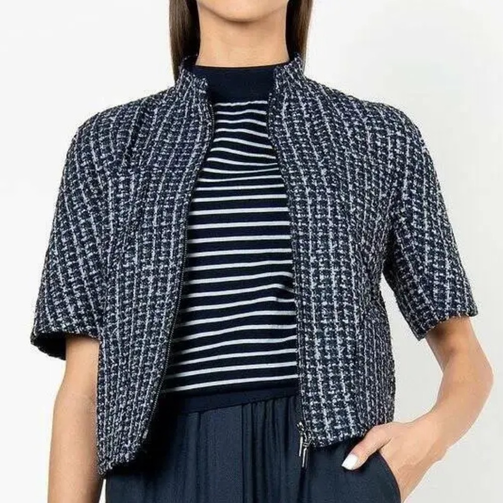 Emporio Armani tweed zip up Crop suiting jacket Short Sleeve Italy Blue